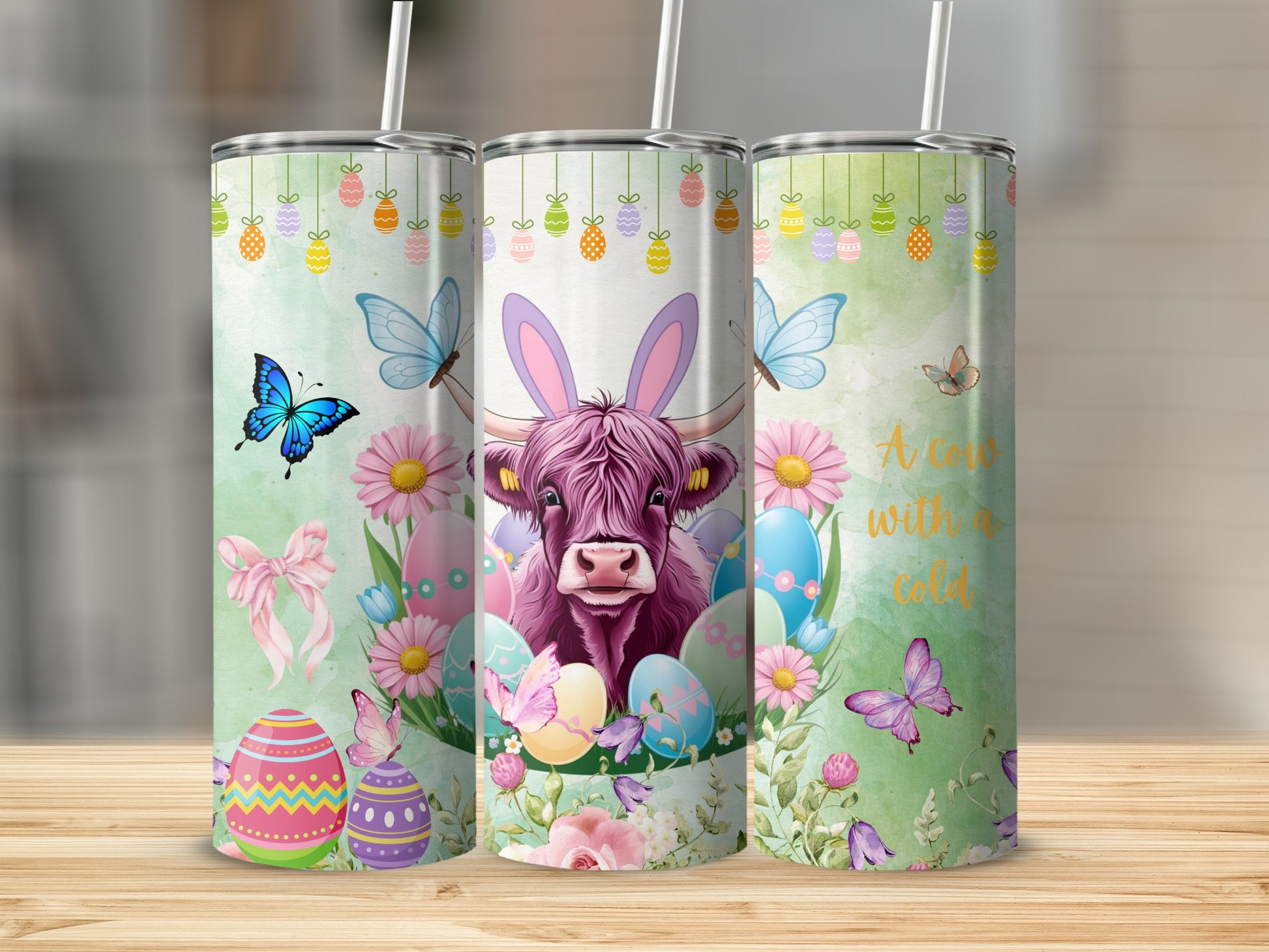 Cute Floral Easter Eggs and Cow with Bunny Ears Tumbler