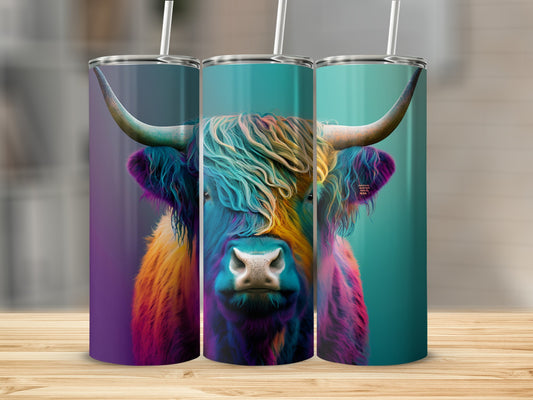 Highland cow with colorful, psychedelic fur on a teal and purple gradient tumbler.