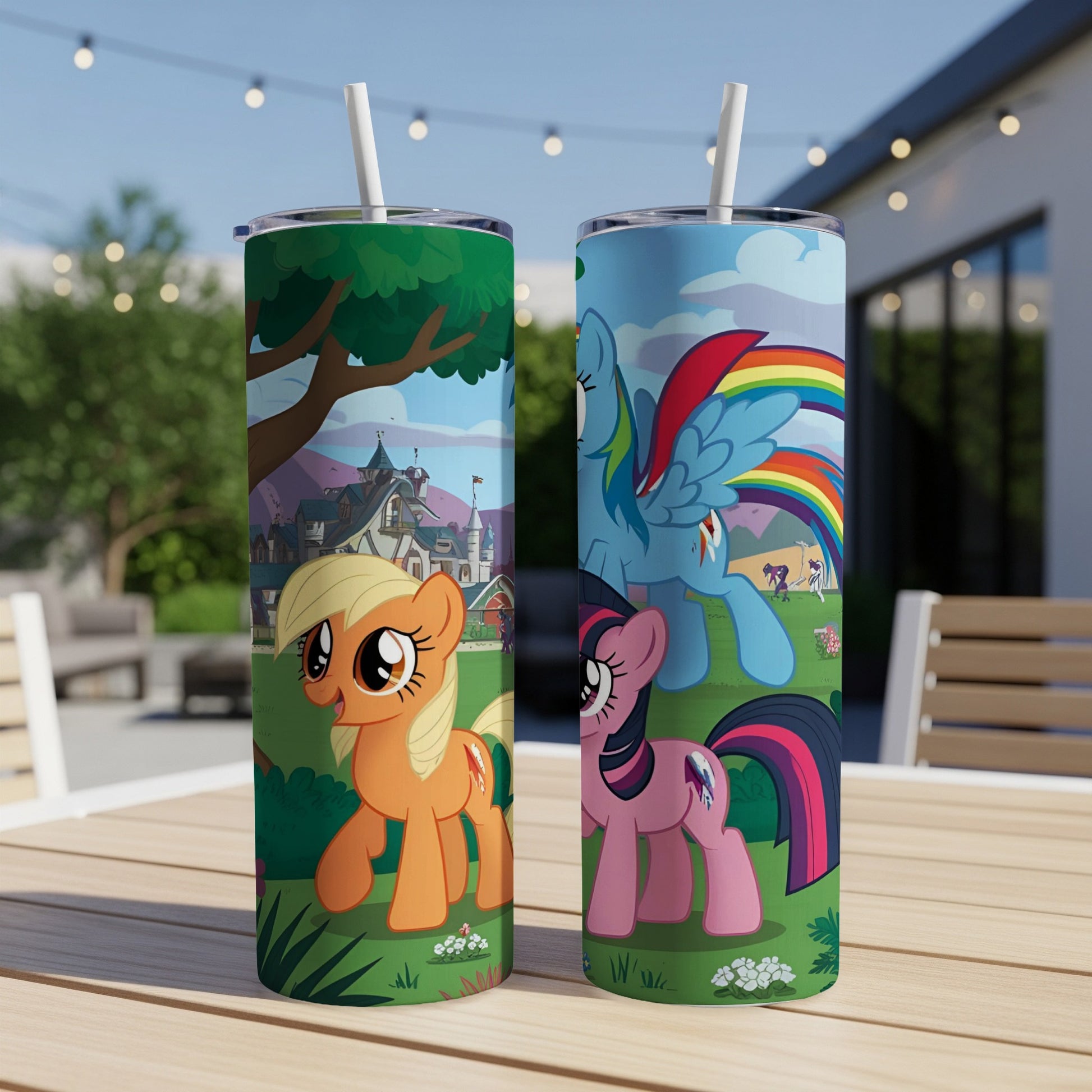 Two My Little Pony tumblers with Rainbow Dash and Applejack designs on a table.