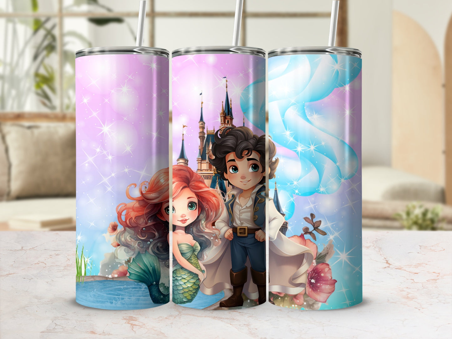 Cute Mermaid and Prince Fantasy Scene Tumbler Set