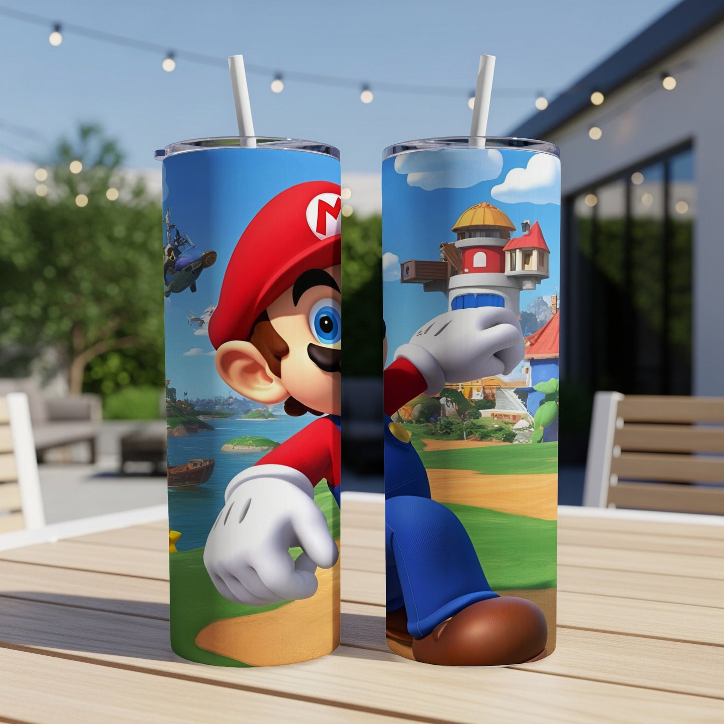 Two tumblers featuring Mario character art on a wooden table outdoors.