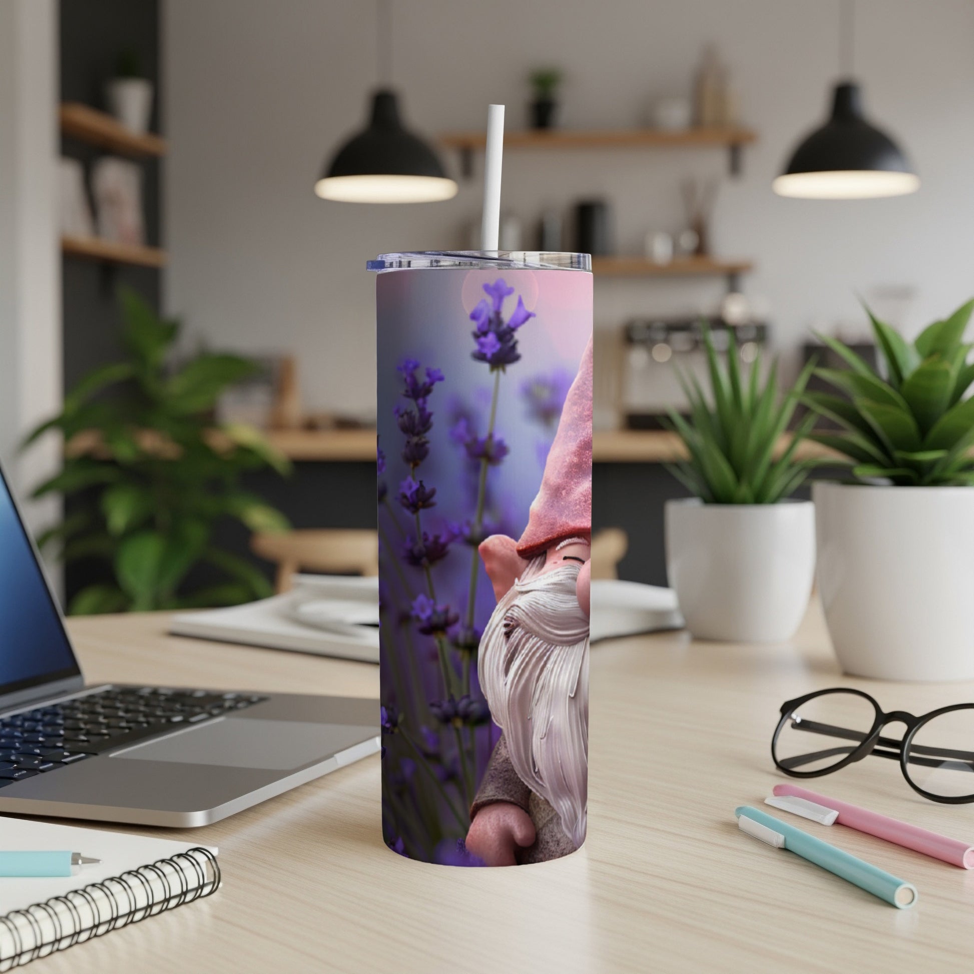 Gnome with white beard and pink hat on a lavender field tumbler.