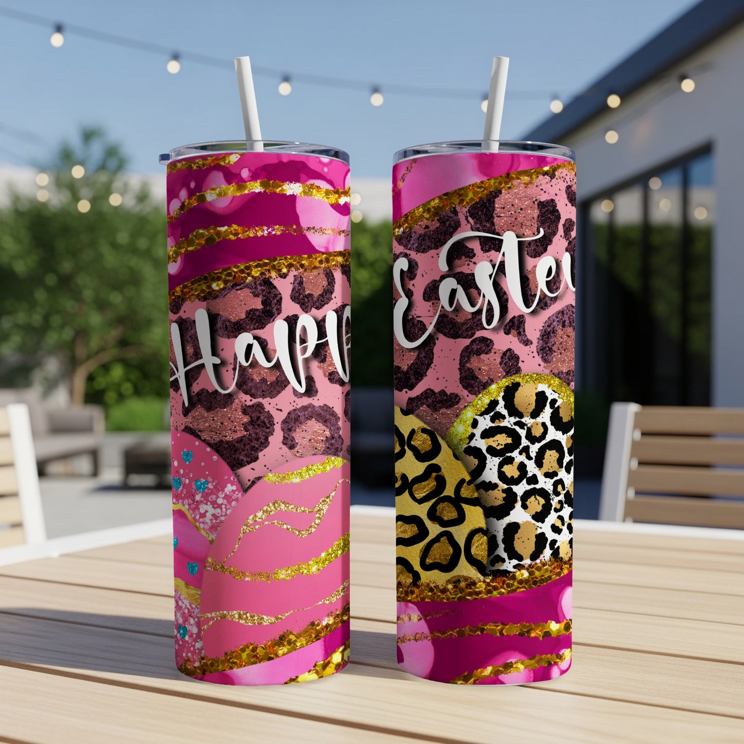 Two pink tumblers with leopard print and "Happy Easter" text.