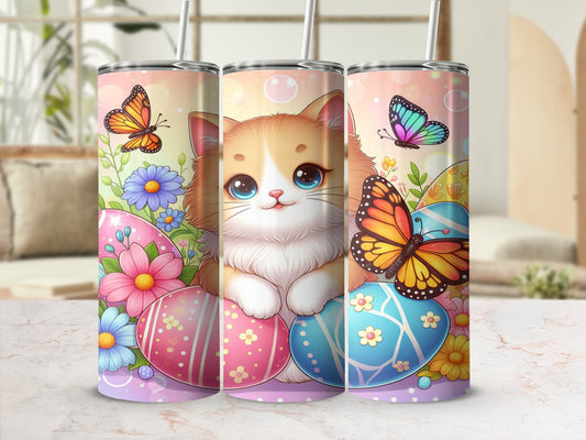 Cute cartoon cat with colorful Easter eggs and butterflies.
