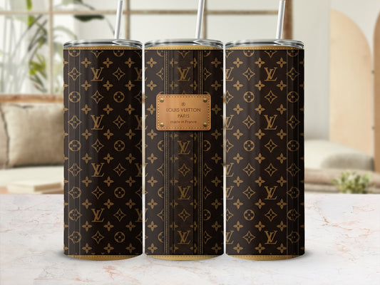 Louis Vuitton monogram tumbler with straw and "made in France" label.