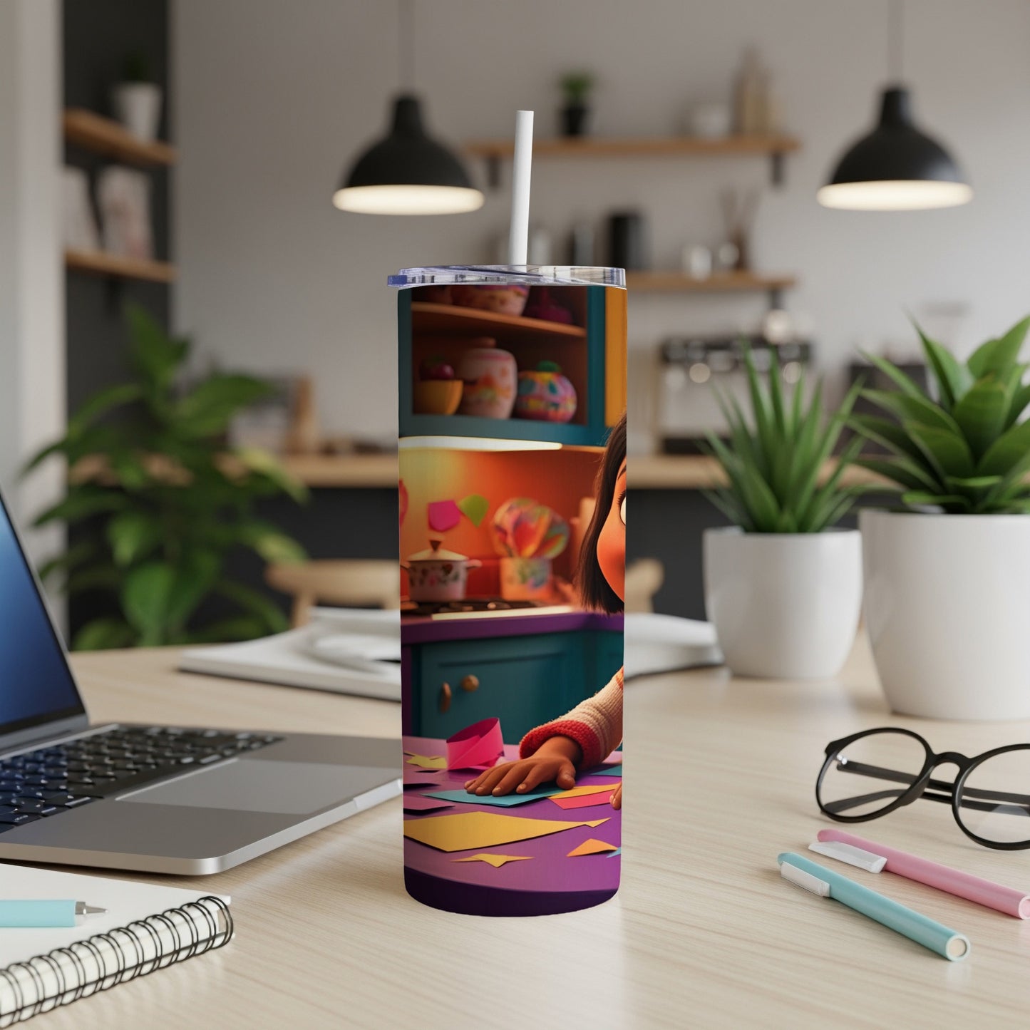Tumbler with cartoon girl and crafting supplies on desk.