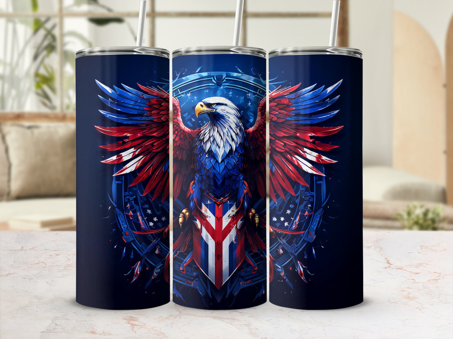 Patriotic eagle with outstretched wings on a dark blue tumbler.