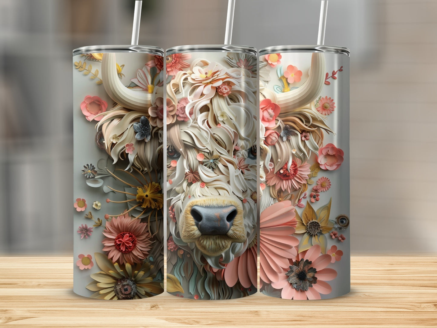 Three tumblers featuring a fluffy white Highland cow with floral accents.
