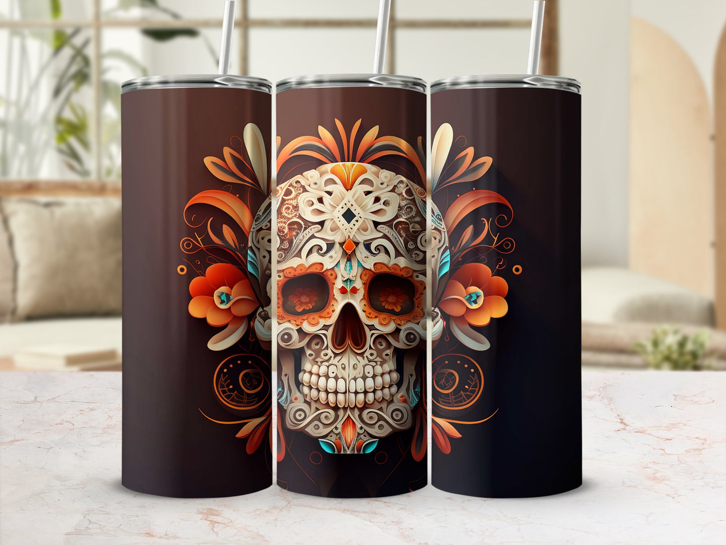 Vibrant Skull with Floral Design on Tumbler