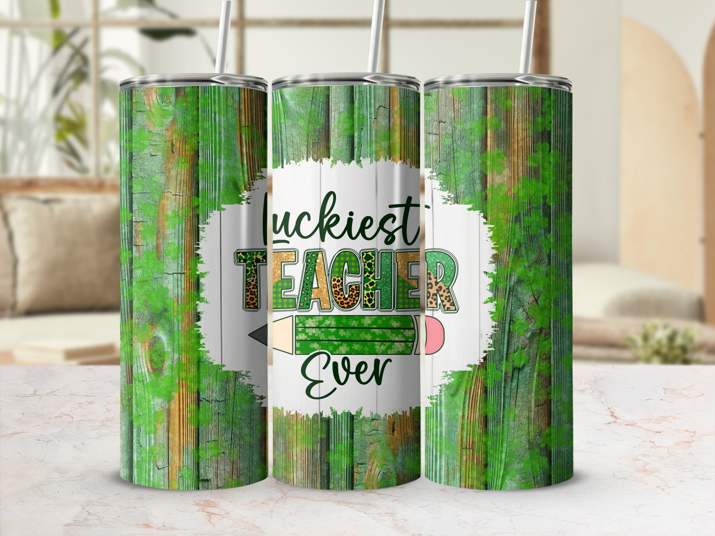 Three tumblers with a green wood grain design and "Luckiest Teacher Ever" text.