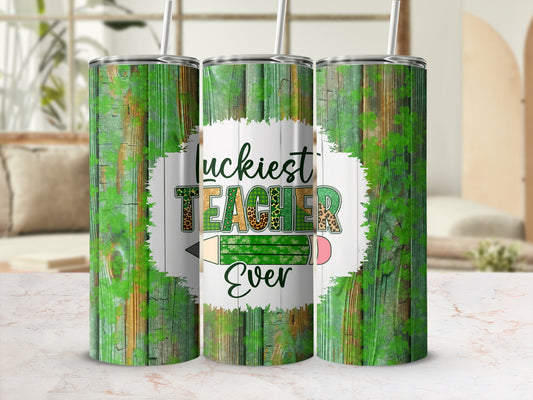Three tumblers with a green wood grain design and "Luckiest Teacher Ever" text.