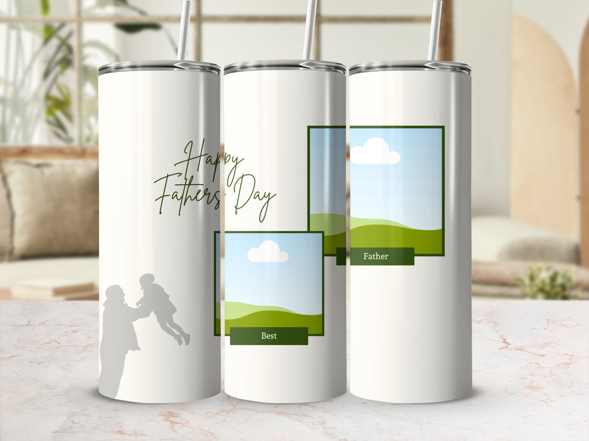 White tumblers with "Happy Father's Day" text and silhouette images.