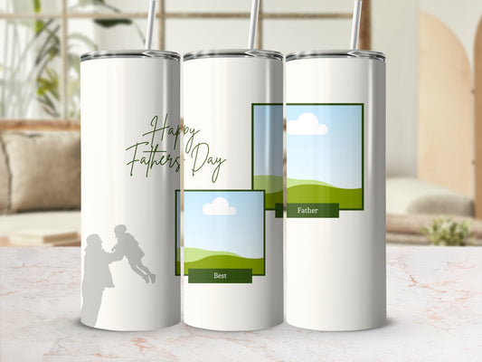 White tumblers with "Happy Father's Day" text and silhouette images.