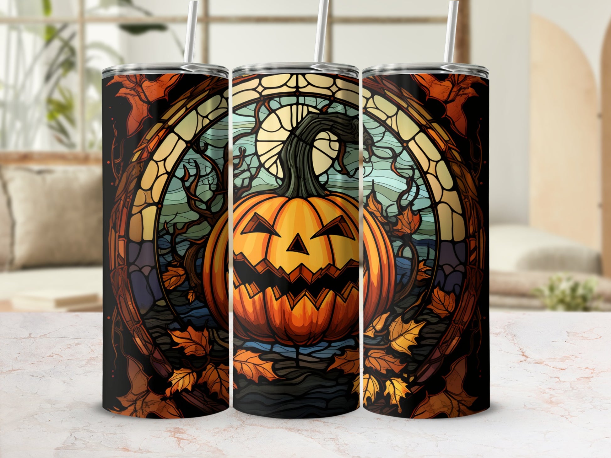 Halloween tumbler featuring a stained-glass jack-o'-lantern design with autumn leaves.