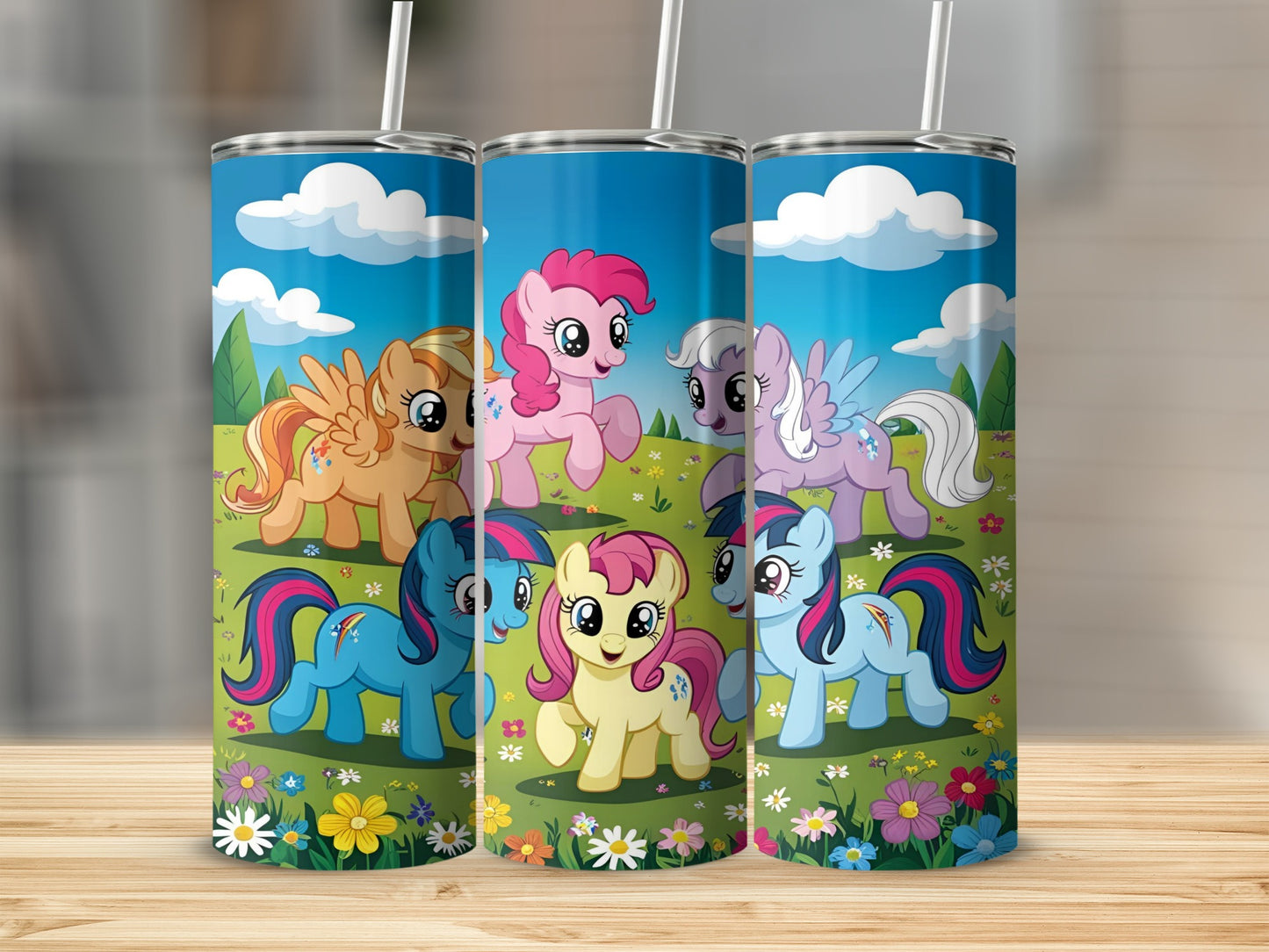 My Little Pony characters on a tall skinny tumbler with a floral background.