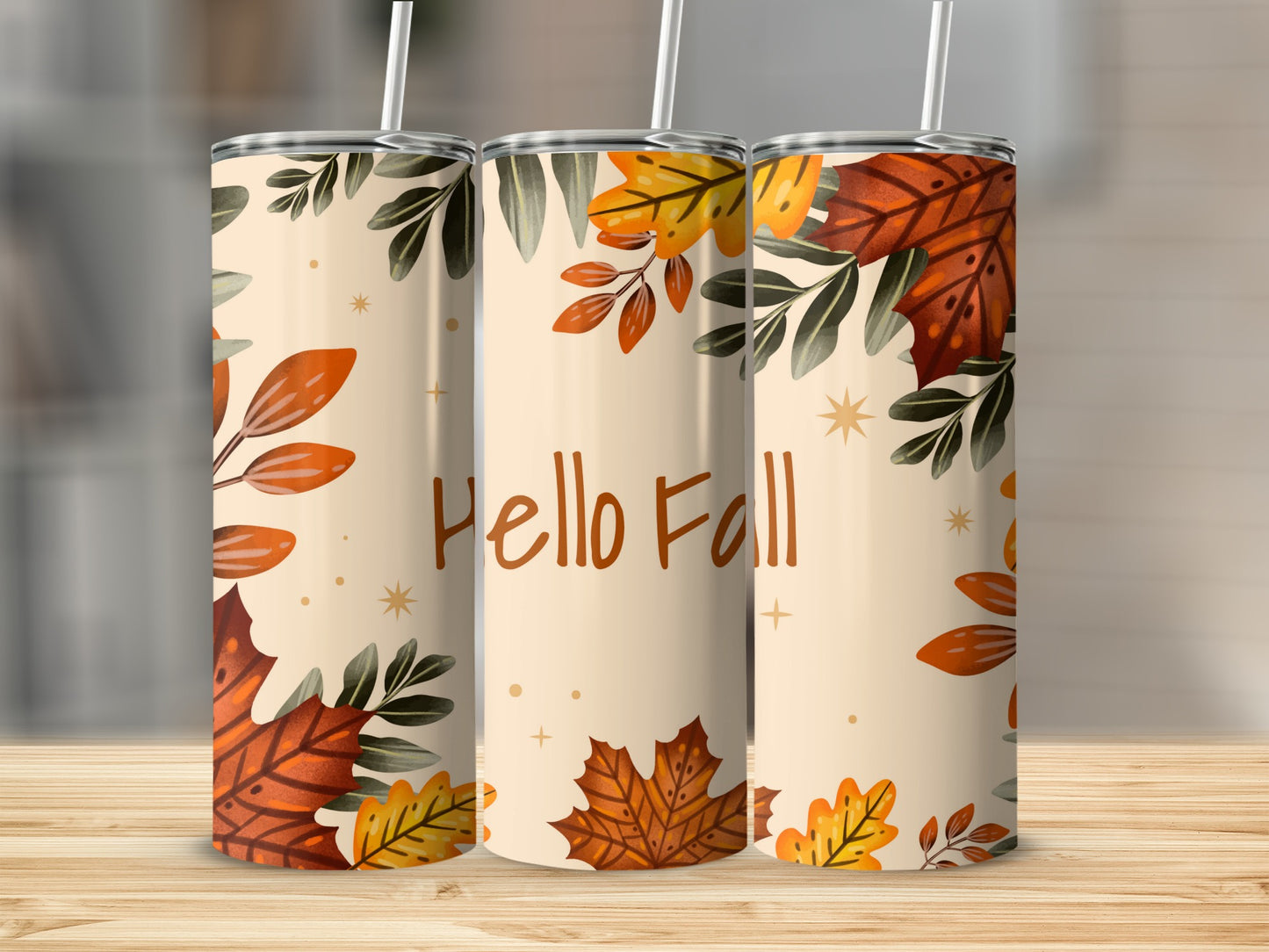 Hello Fall Autumn Leaves Themed Tumbler with Straw