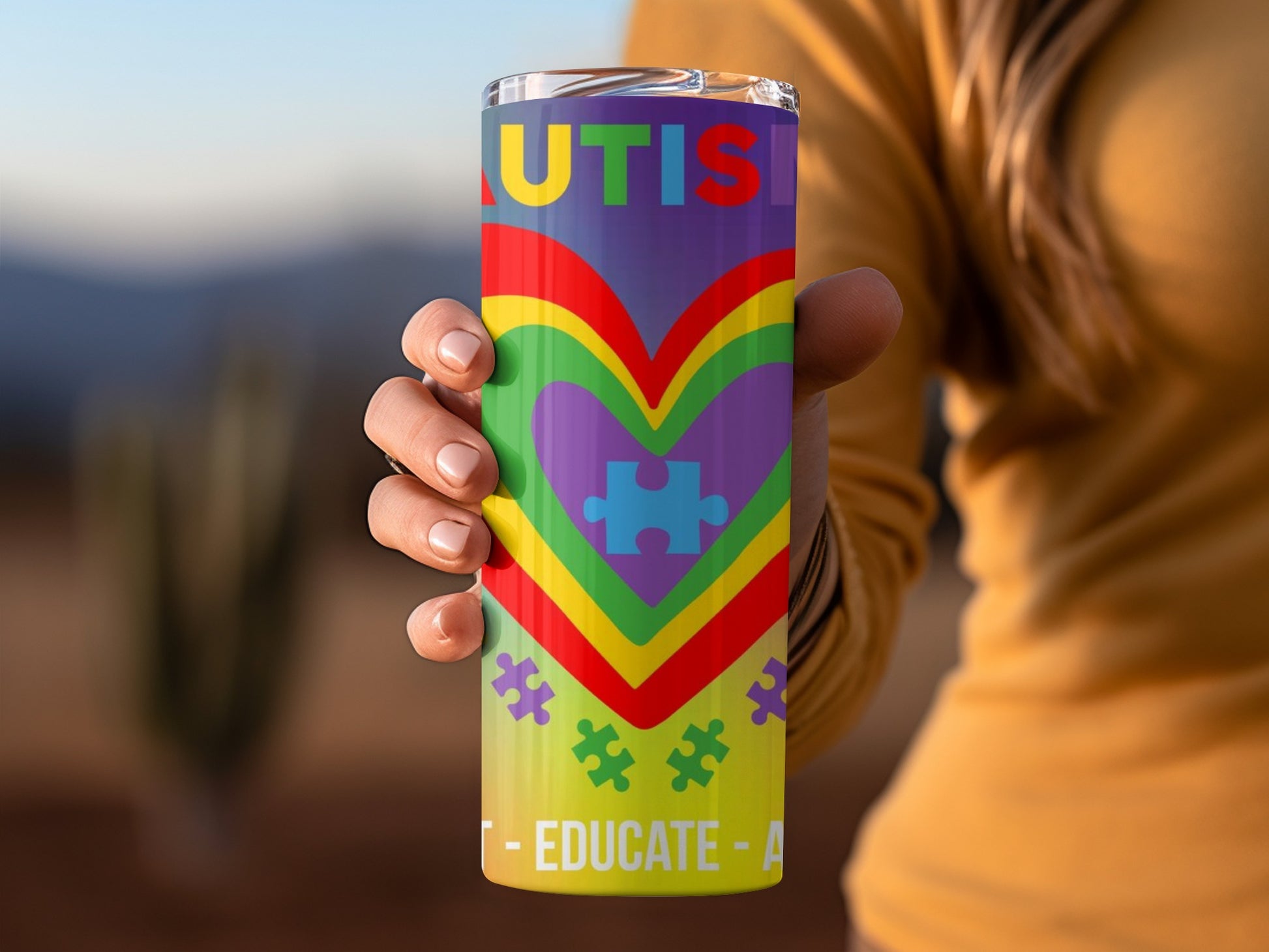 Colorful Autism Awareness Tumbler with Puzzle Heart Design