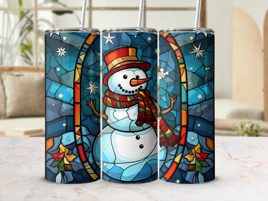 Stained glass tumbler with snowman design and holiday accents.