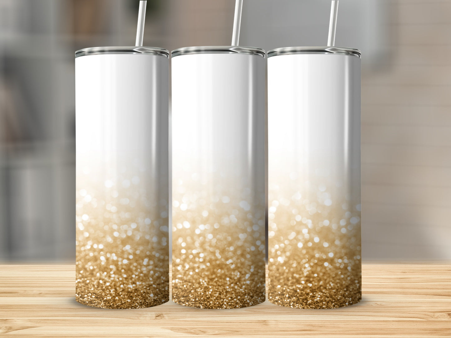 Glittery Gold and White Tumbler with Straw Product