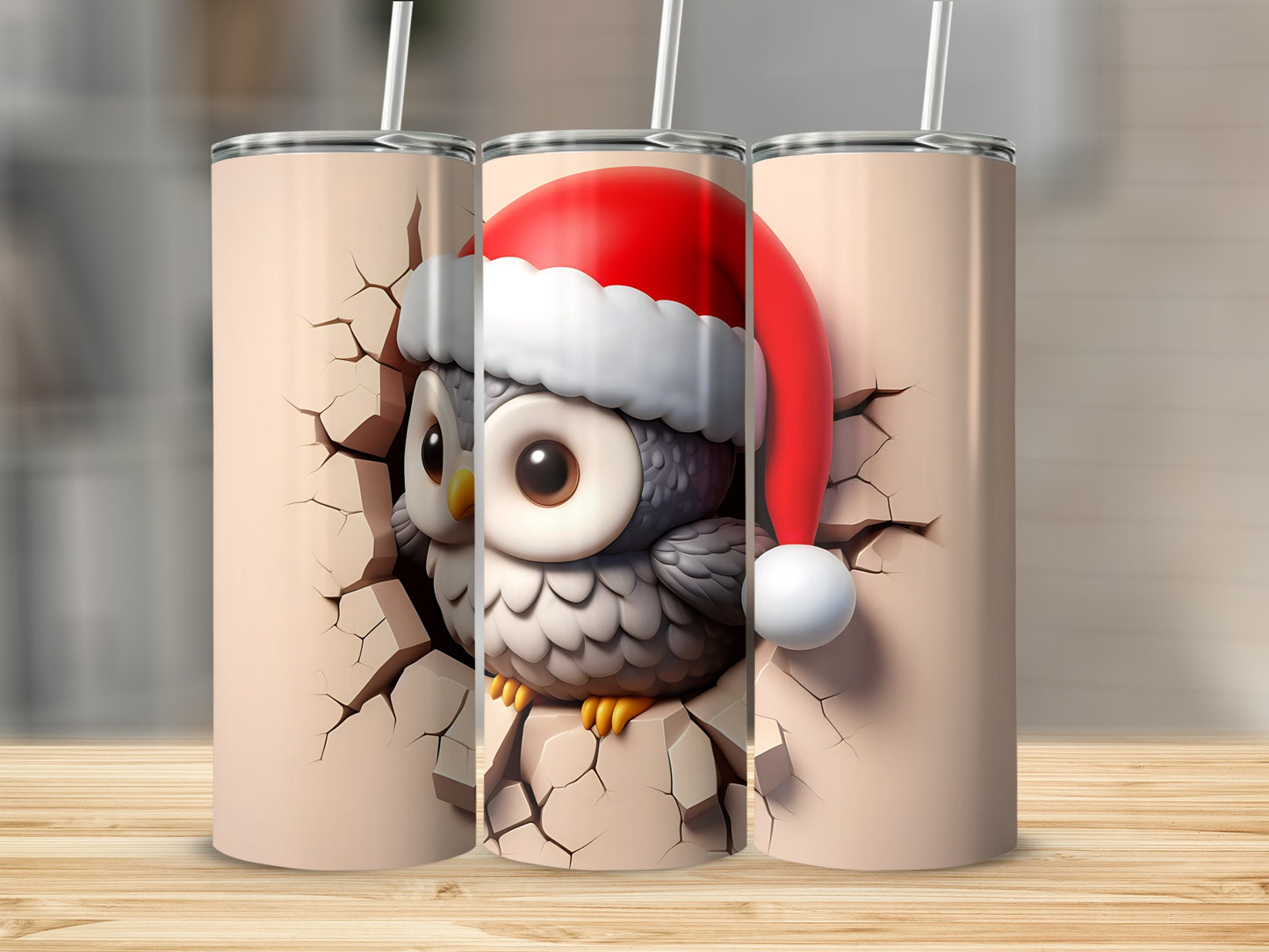 Cartoon owl in Santa hat peeking through cracked surface.