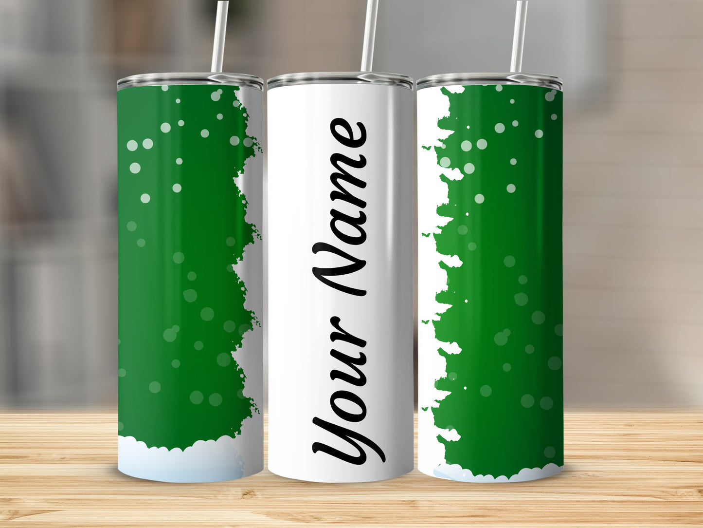 Personalized Green Snowy Design Tumbler with Name Option