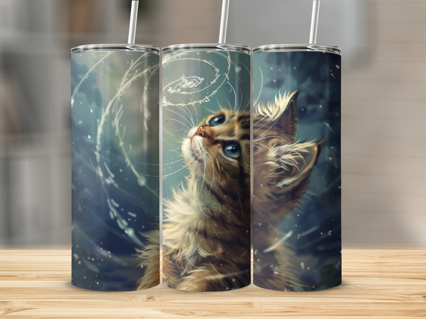 Three tumblers with a painting of a fluffy cat looking up.