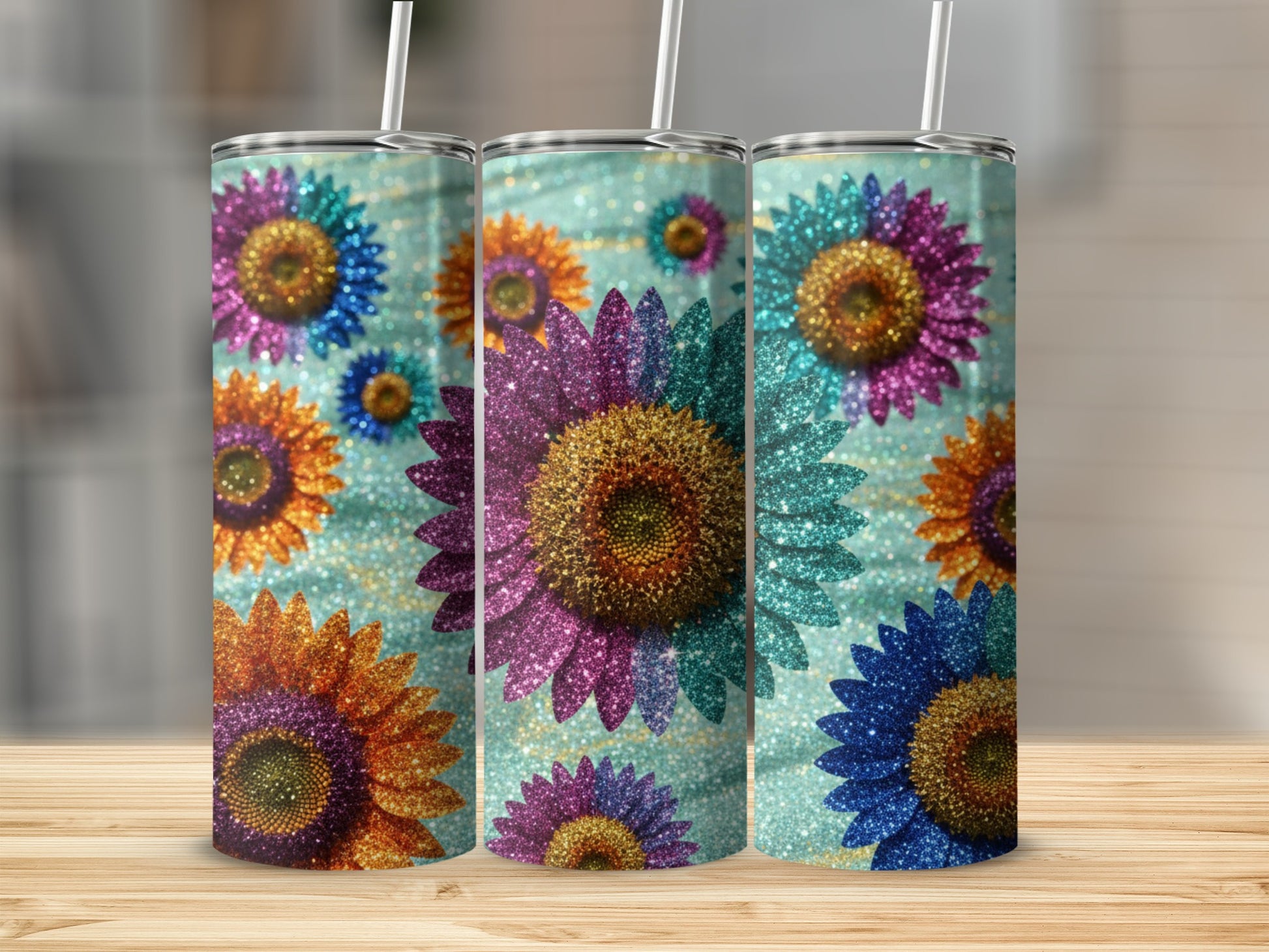 Sparkling Vibrant Floral Design Tumblers Set