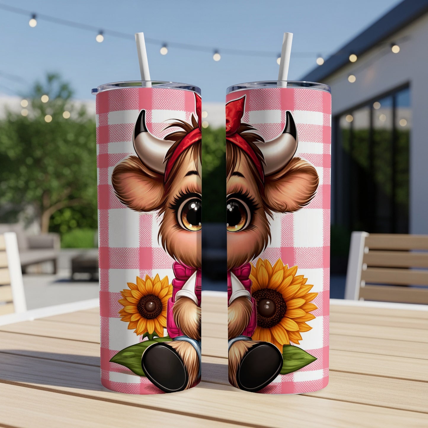 Cute cartoon cow with sunflowers on a gingham pattern tumbler.