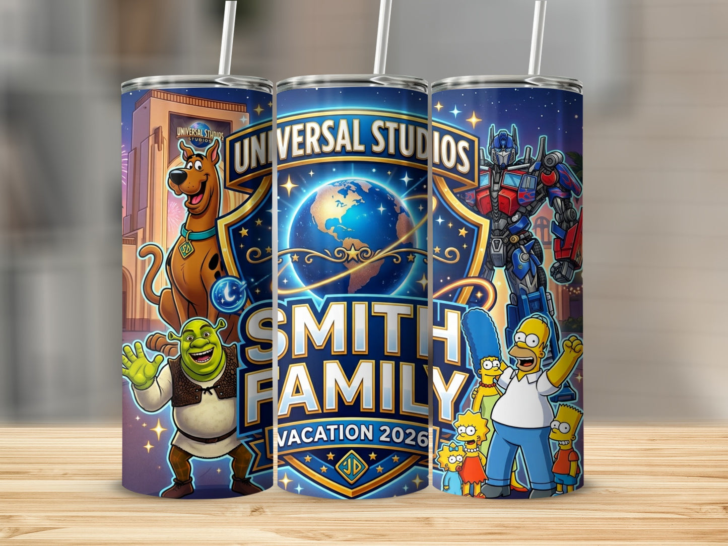 Universal Studios Smith Family Vacation 2026 tumbler with Shrek, Transformers, and Simpsons characters.