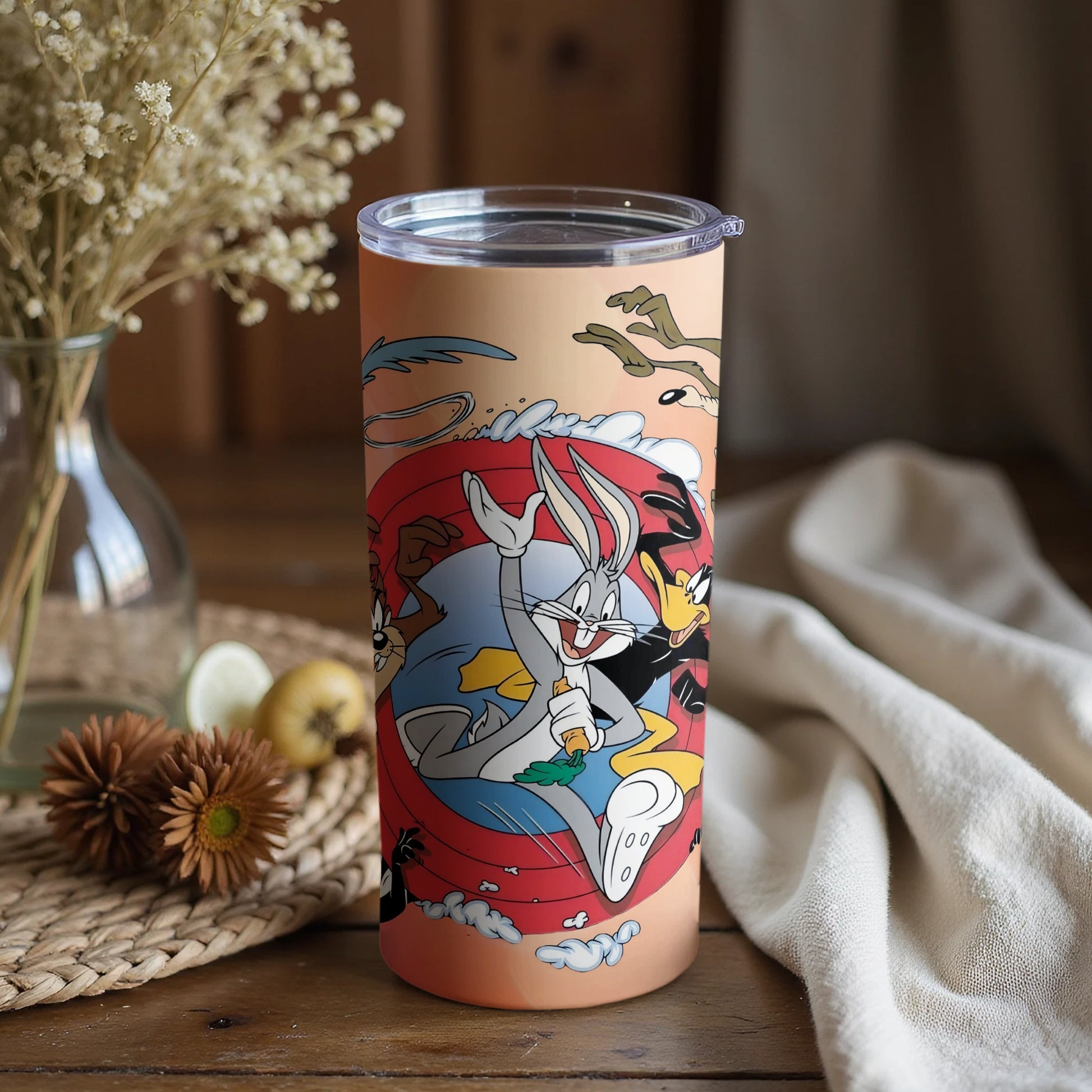Animated character themed travel tumbler beverage container