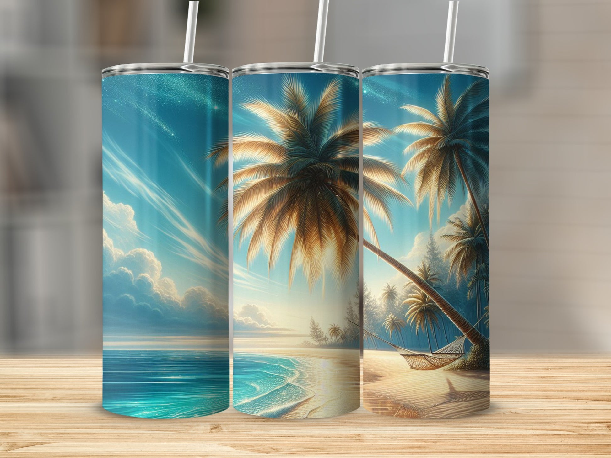 Three tropical beach scene tumblers with palm trees and a hammock.