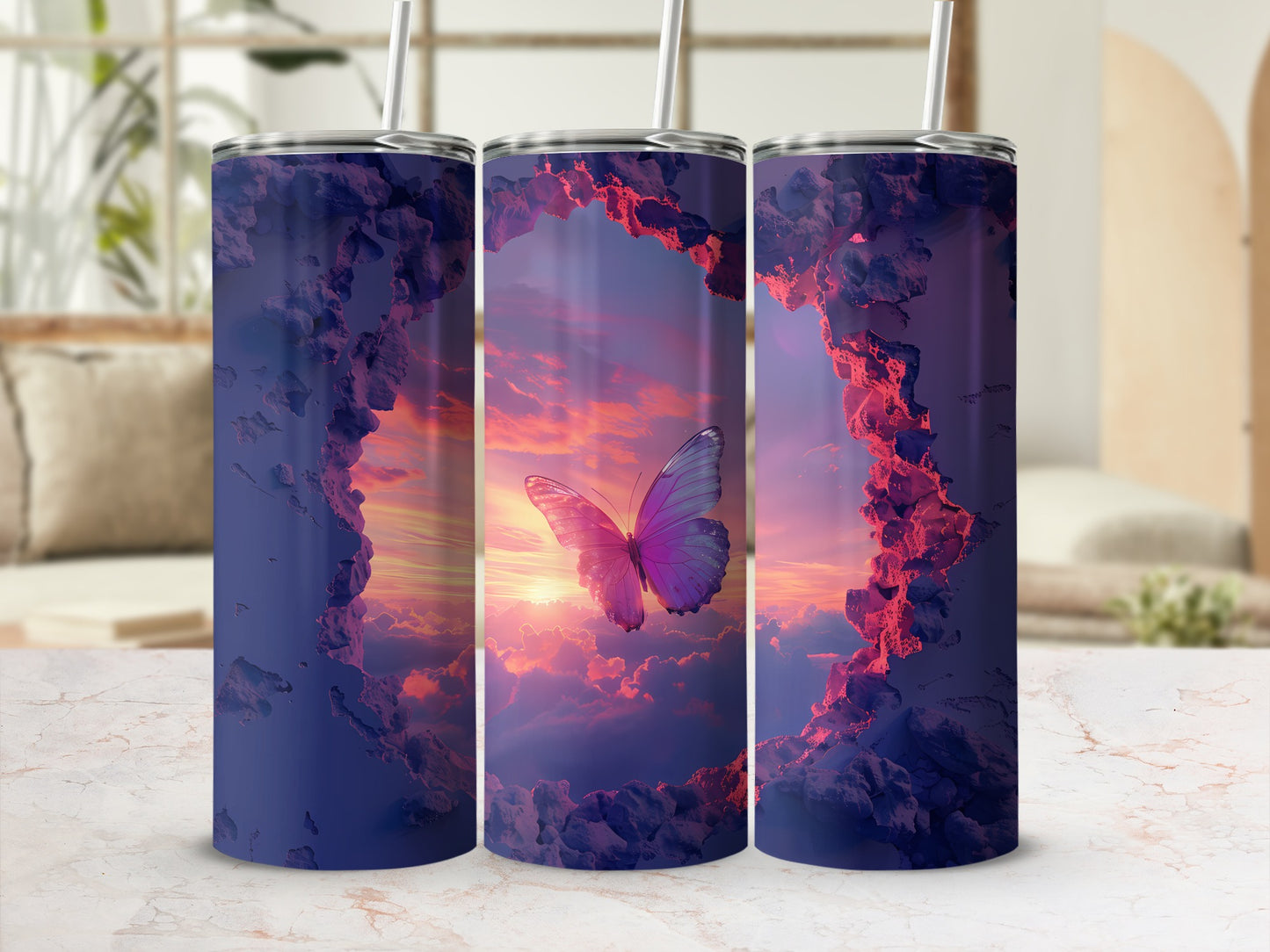 Purple butterfly against a vibrant sunset sky, framed by clouds.