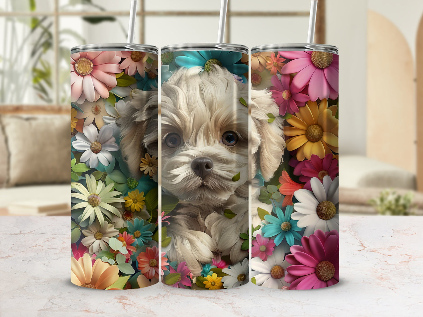 White fluffy puppy surrounded by colorful flowers on a tumbler.