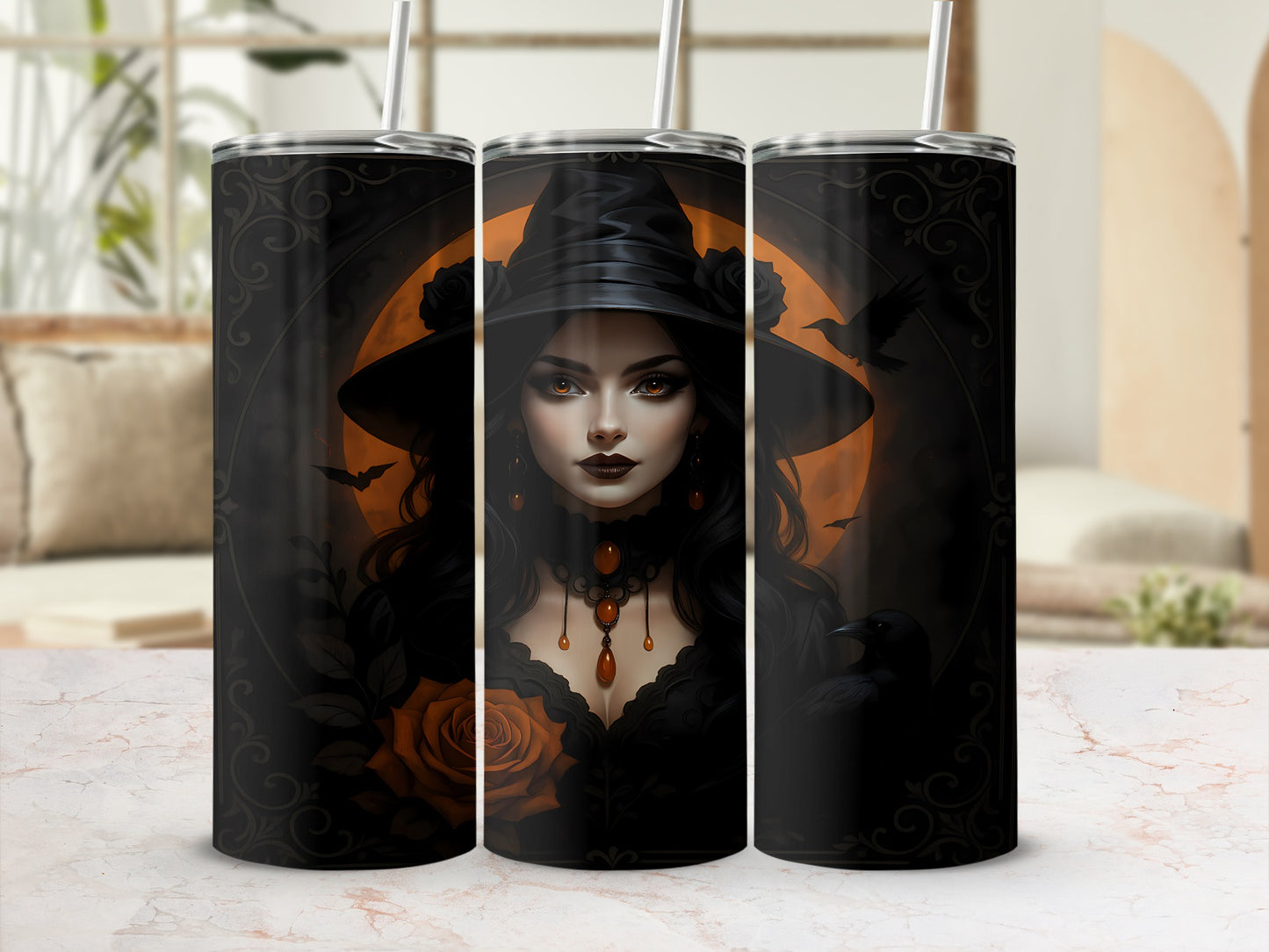 Tumbler with witch art featuring orange roses, crows, and full moon.