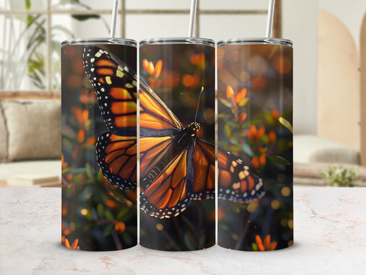 Monarch butterfly on a dark background with bokeh lights.