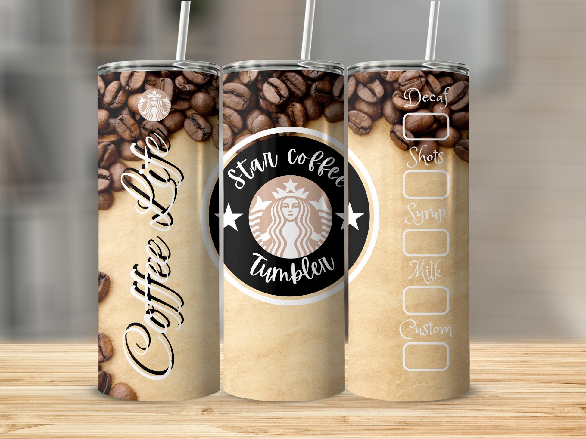 Star Coffee Tumbler with Coffee Beans Design