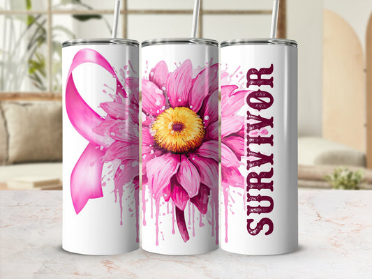 Pink ribbon and pink flower tumbler with "Survivor" text.