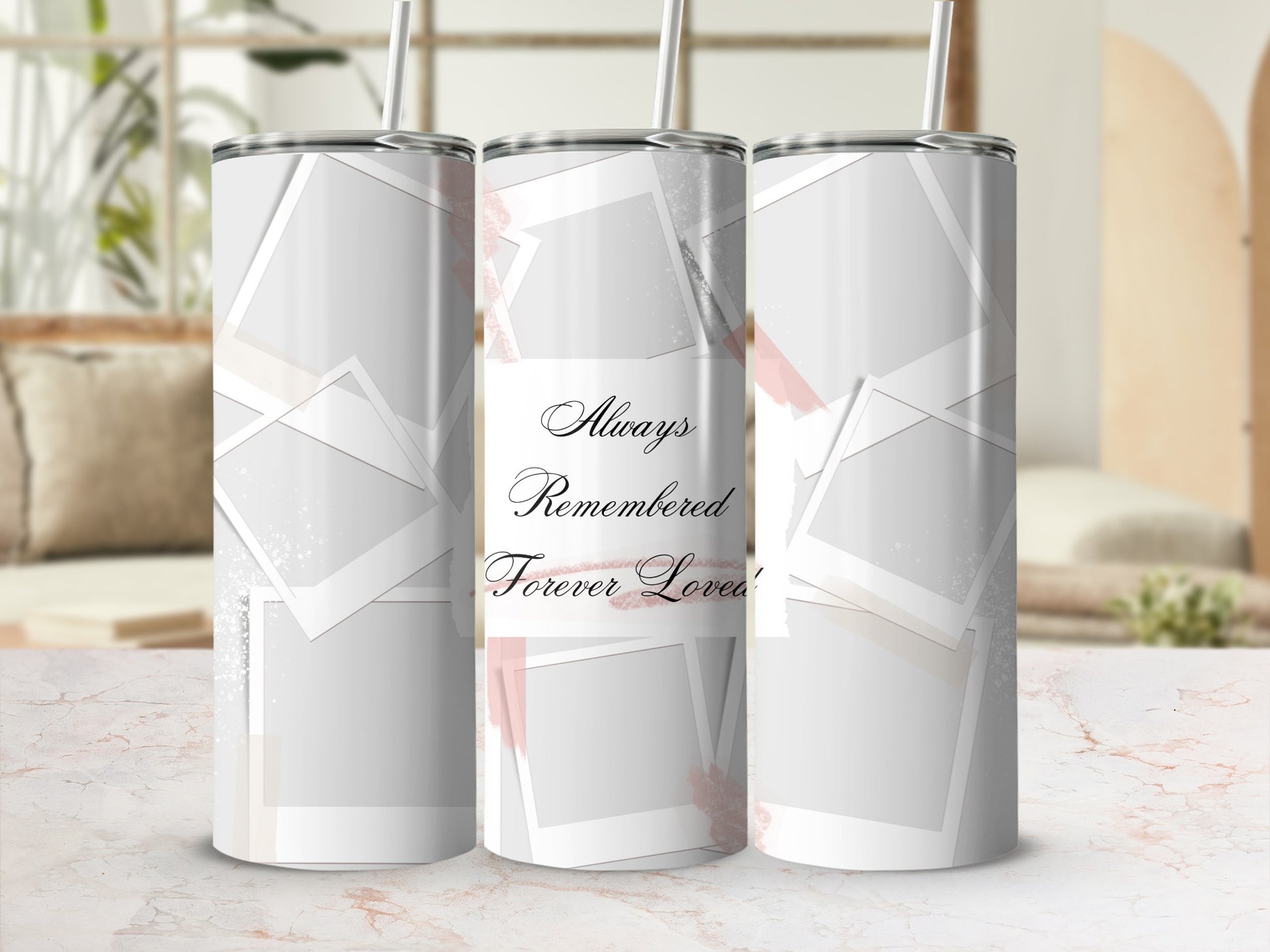 Tumbler with overlapping photo frames and "Always Remembered Forever Loved" text.