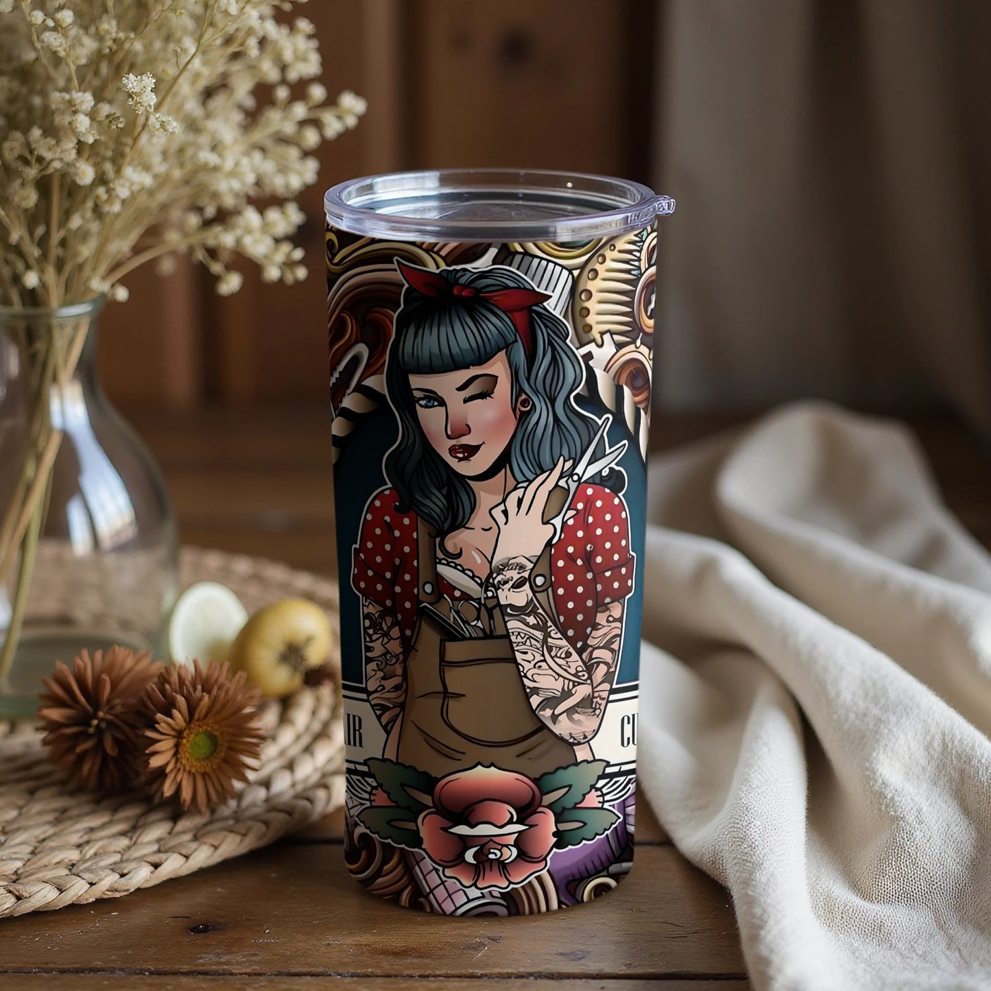 Vintage Style Winking Girl Tattoo Print Tumbler