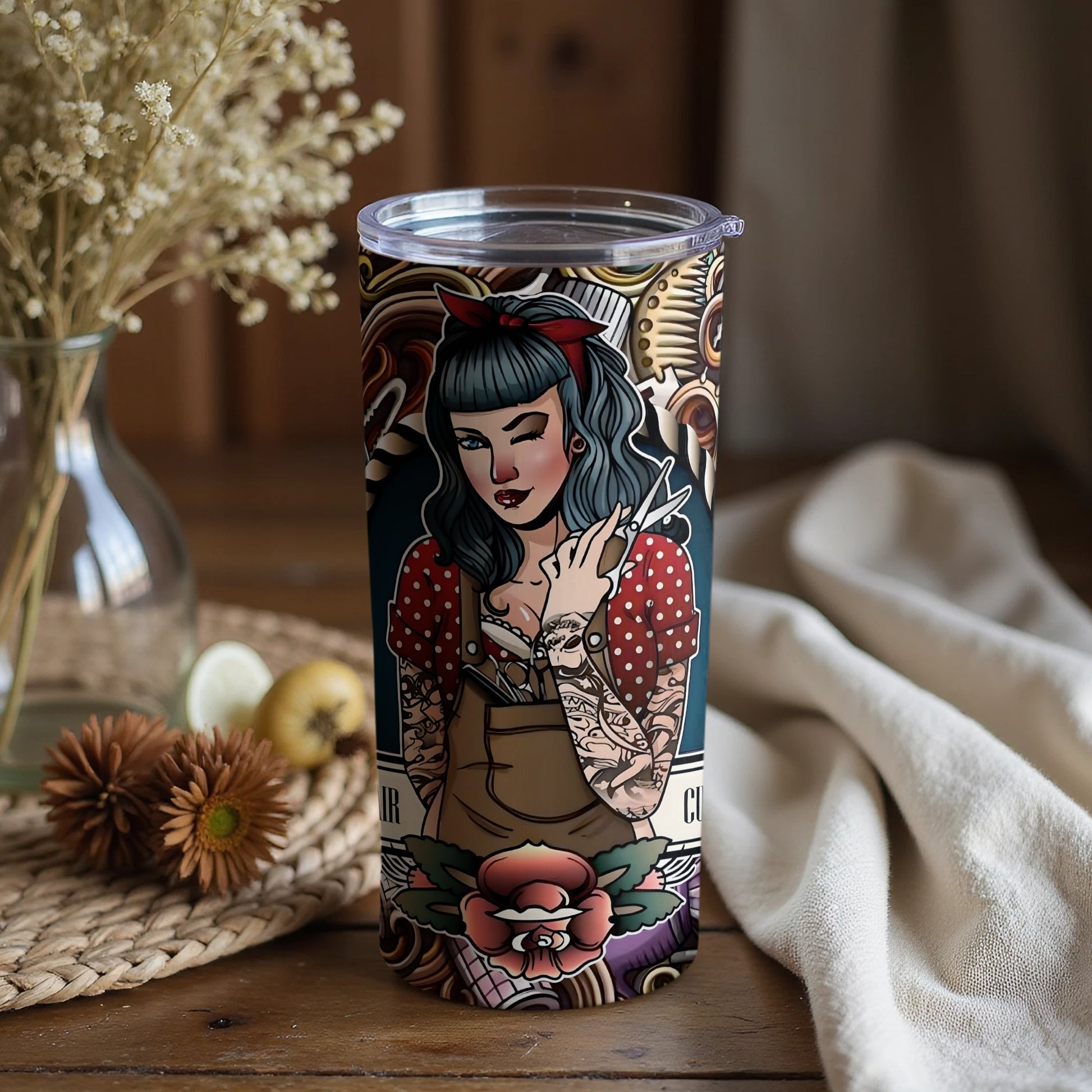 Vintage Style Winking Girl Tattoo Print Tumbler