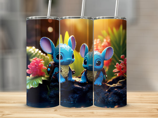 Three blue cartoon creatures with large ears and shells sit in a vibrant, floral environment.