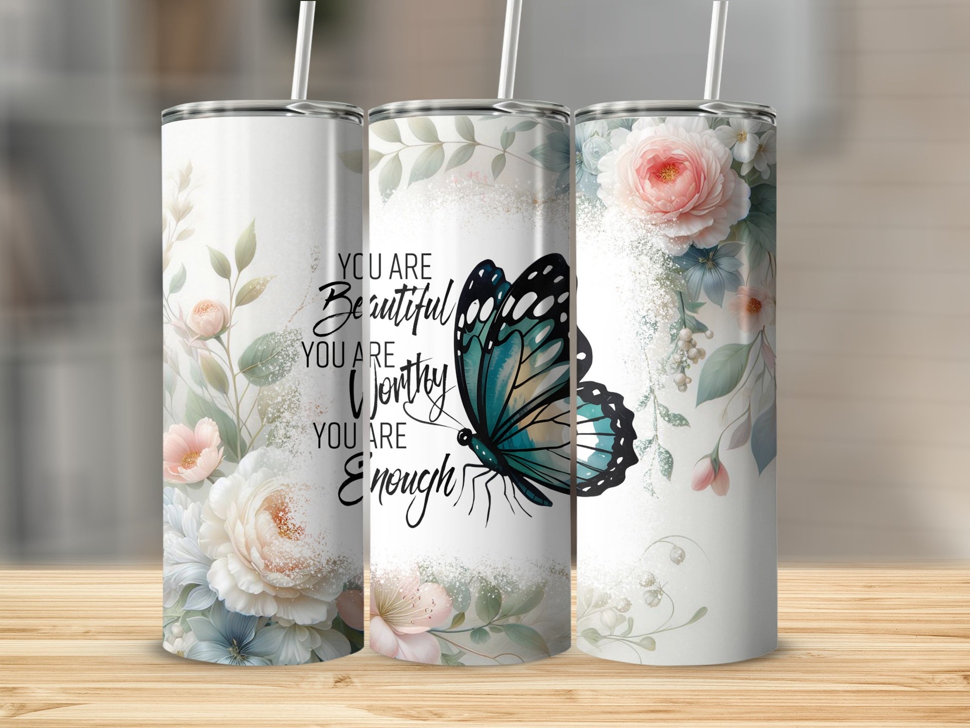 Three tumblers with floral designs and the text "You are Beautiful, You are Worthy, You are Enough".