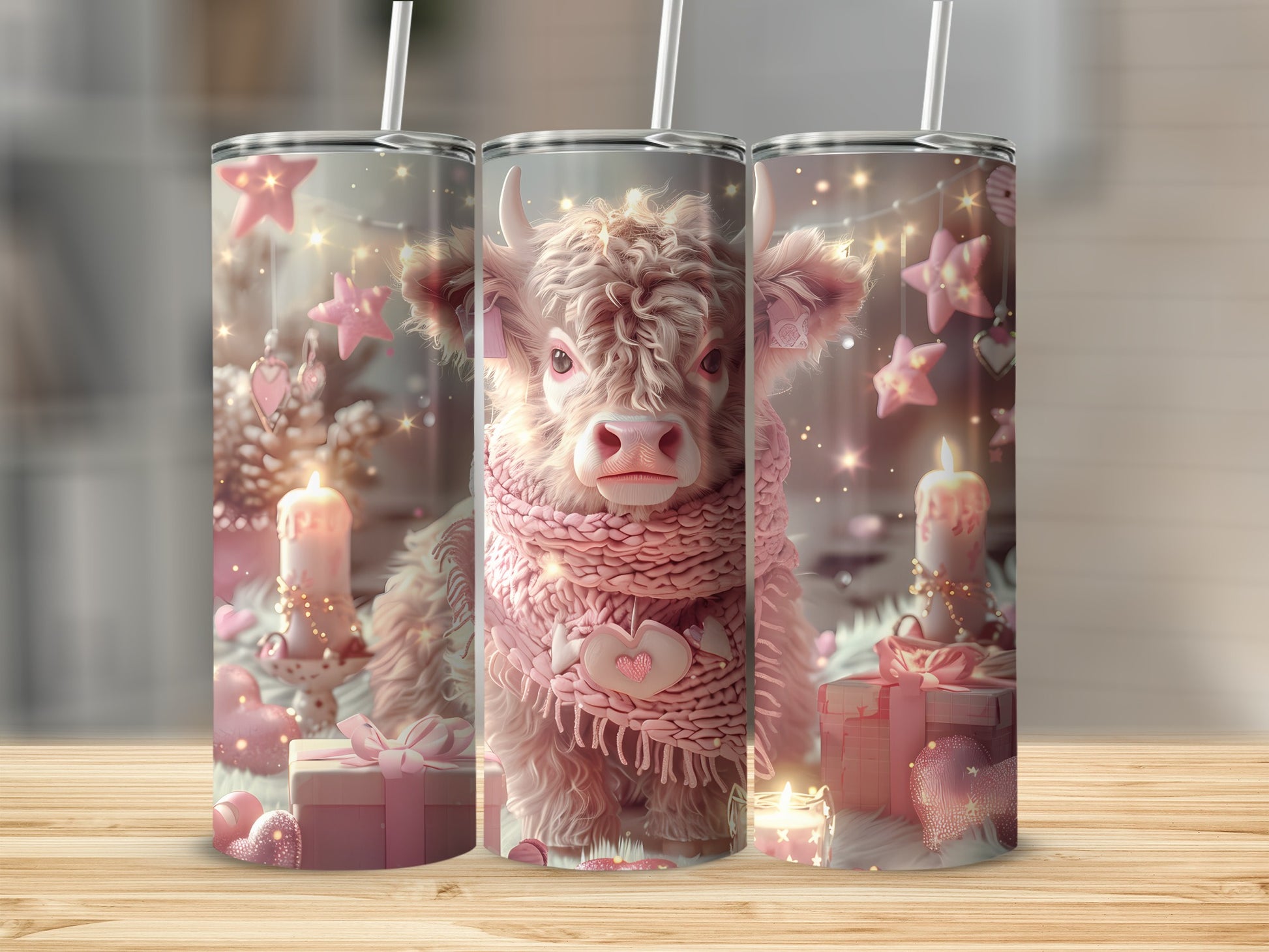 Pink cow with scarf surrounded by holiday lights and gifts.