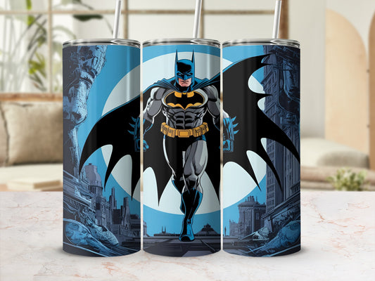 Batman in costume standing in a city with a blue moon behind him.