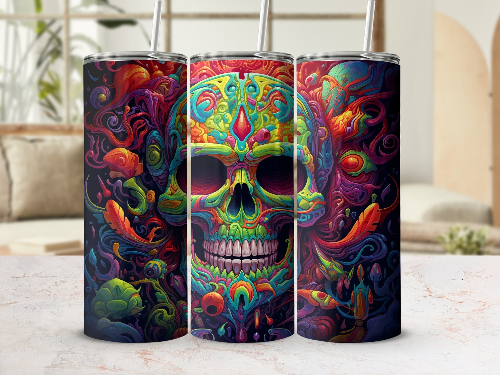 Colorful Psychedelic Skull Design Tumbler Cup