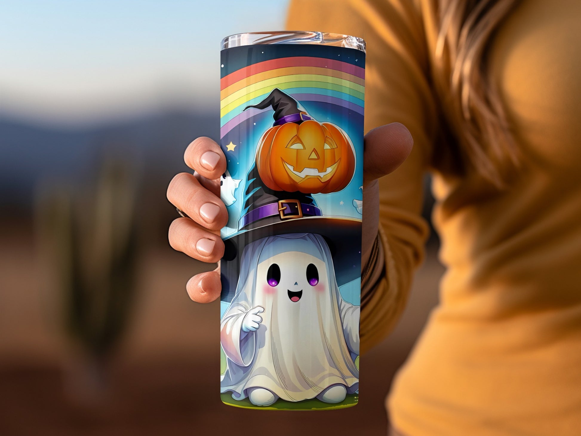 Cute Ghost Halloween Tumbler With Pumpkin Hat