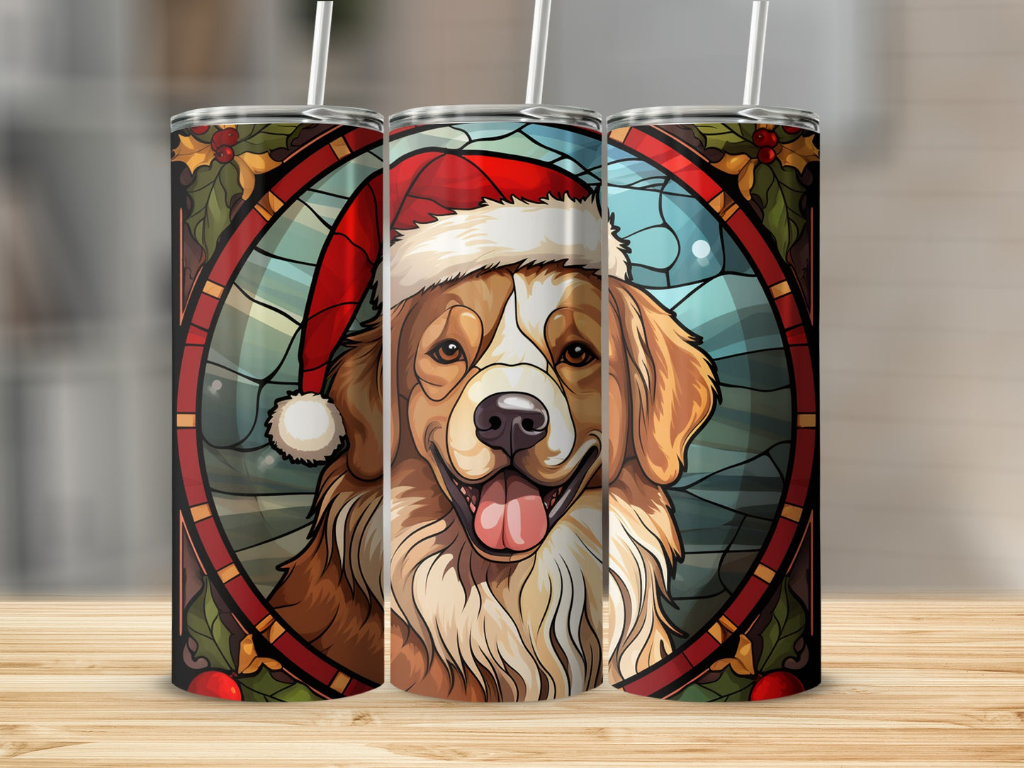 Stained glass dog wearing Santa hat, Christmas tumbler design.