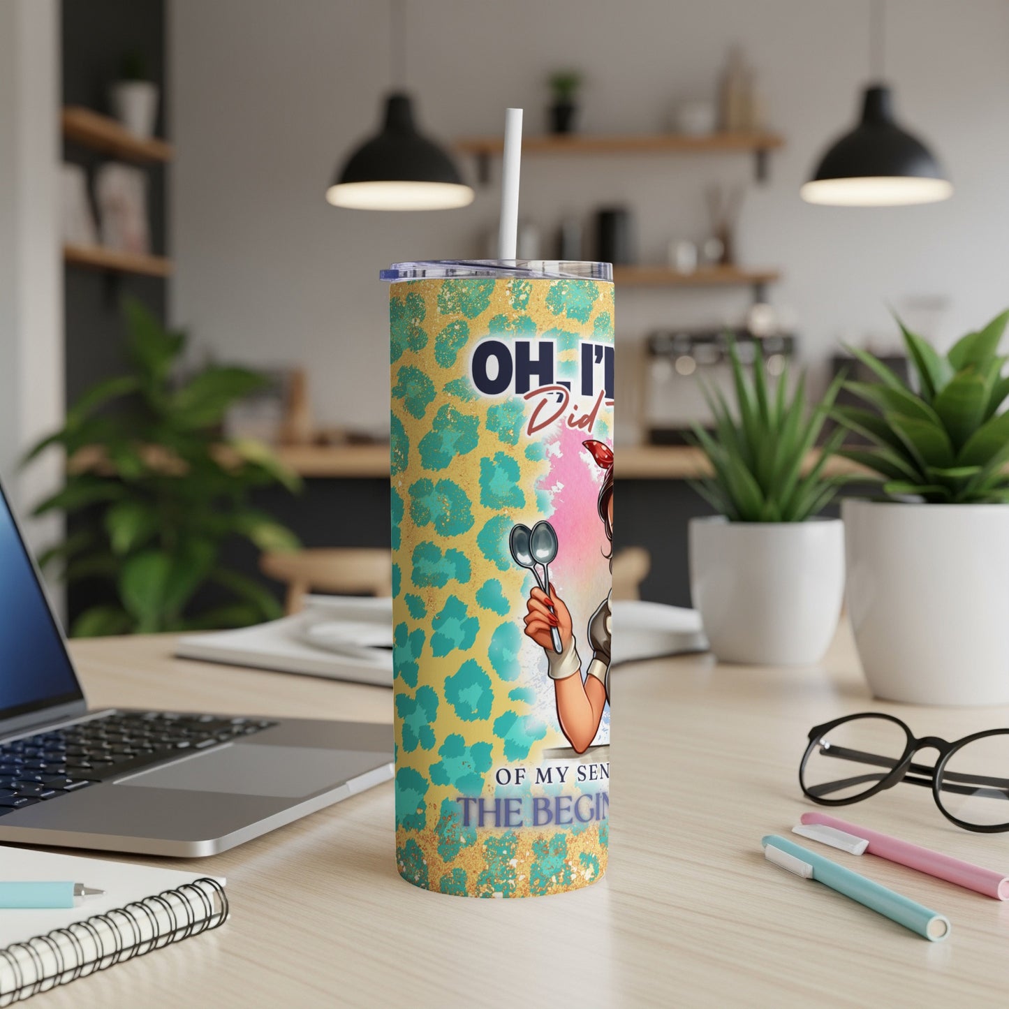 Tumbler with leopard print and text "OH, I DIDN'T OF THE BEGINNING" featuring a woman with utensils.