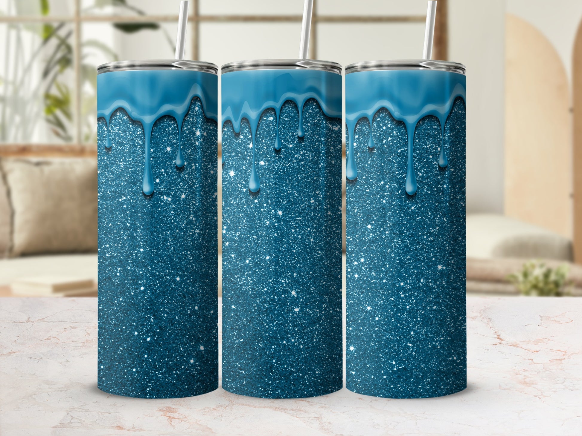 Blue Glitter Dripping Tumblers Stylish Design