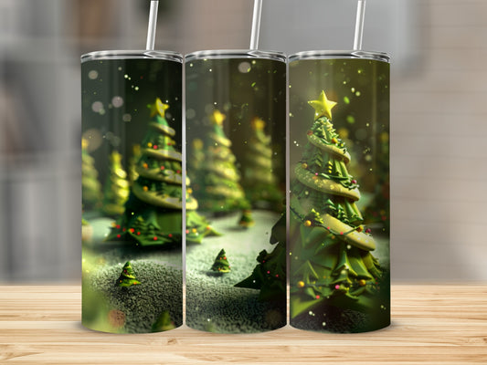Three tall tumblers featuring festive Christmas trees with lights and star.